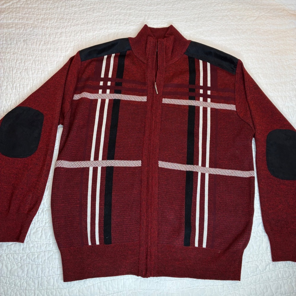 Inserch Full Zip Cardigan Mens Large Red Plaid Faux Suede Trim Elbow Sweater